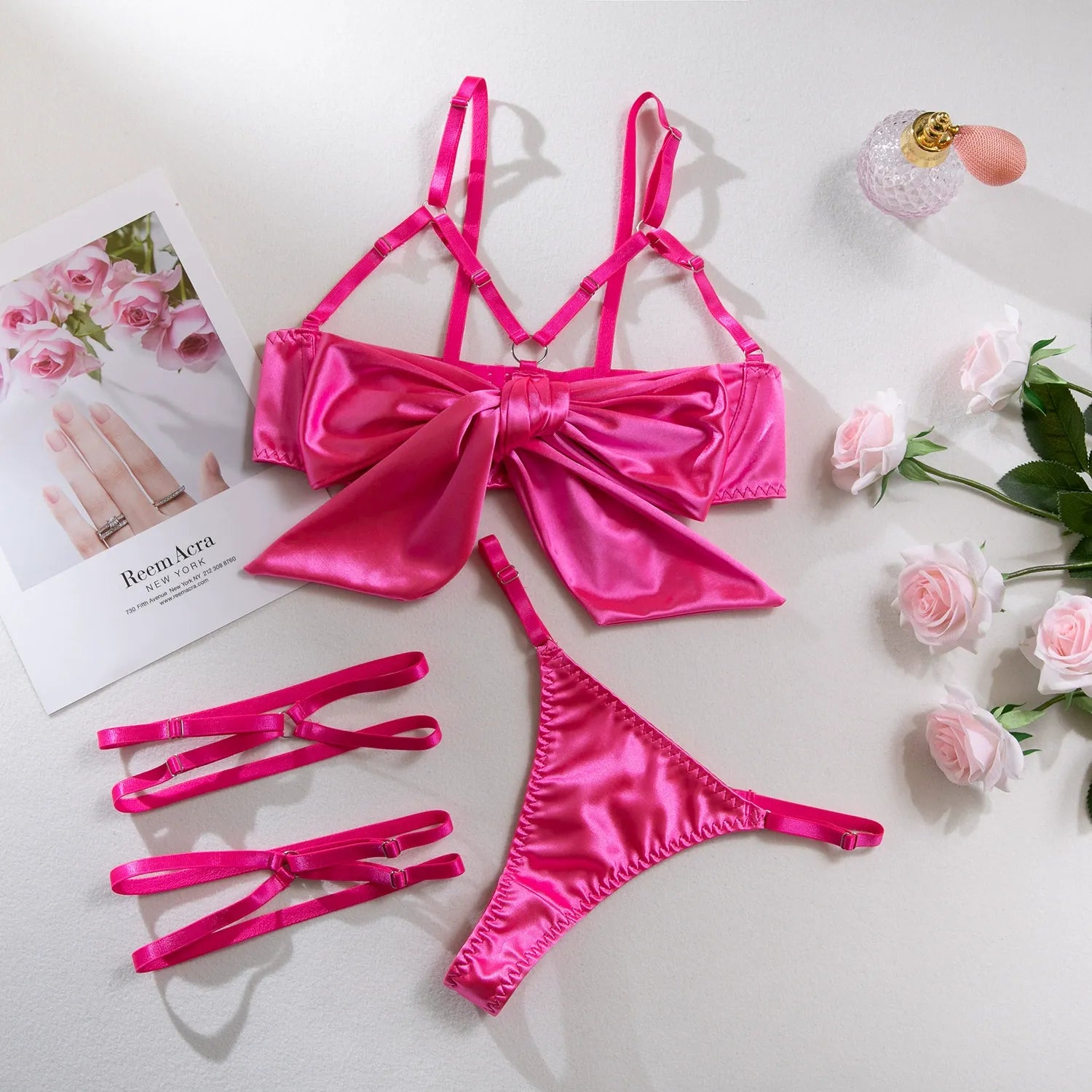 Zaavix™ – Satin Ribbon Leg Ring Three-Piece Lingerie Set