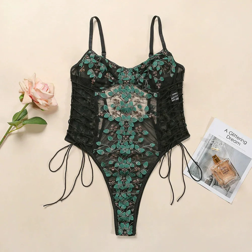 Zaavix™ – Floral Lace Embroidered Strappy Sheer Jumpsuit