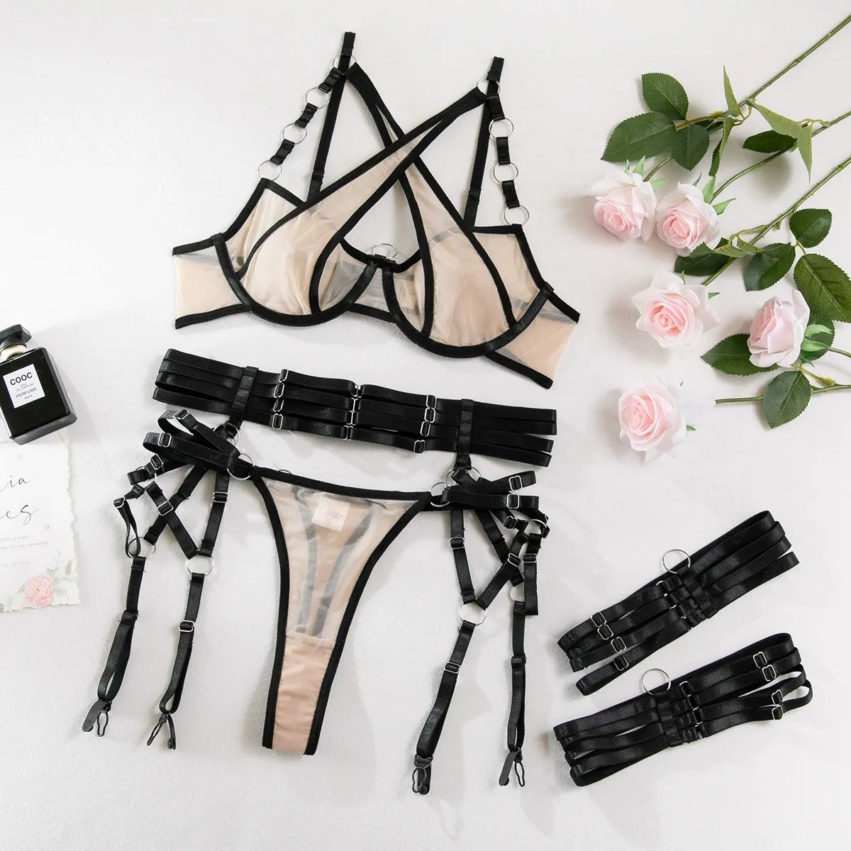 Zaavix™ – Cross-Stitched Mesh Three-Piece Lingerie Set