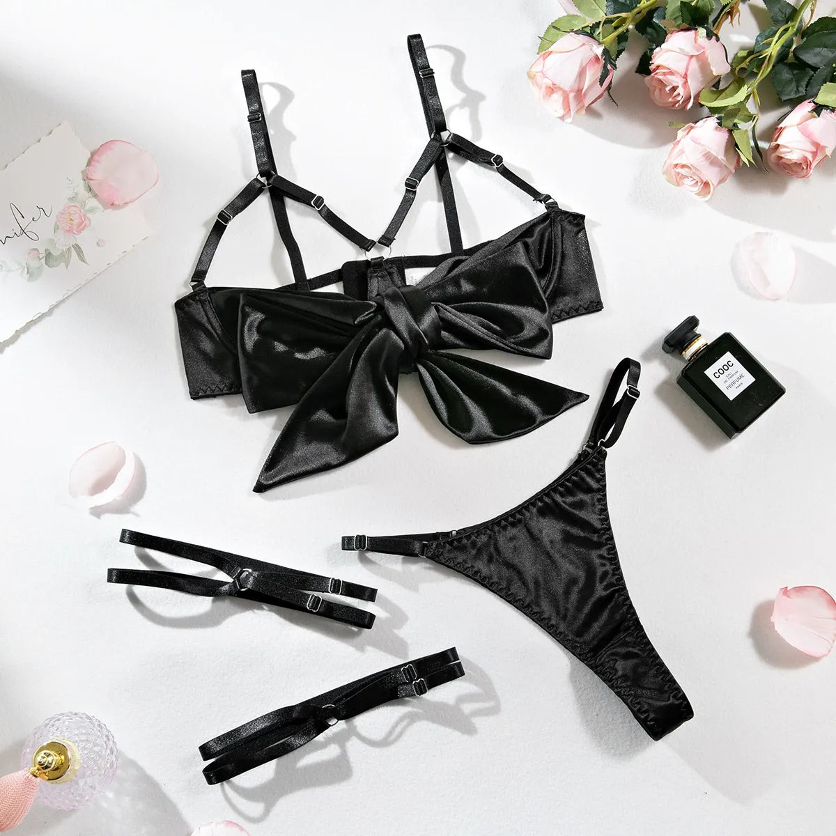 Zaavix™ – Satin Ribbon Leg Ring Three-Piece Lingerie Set
