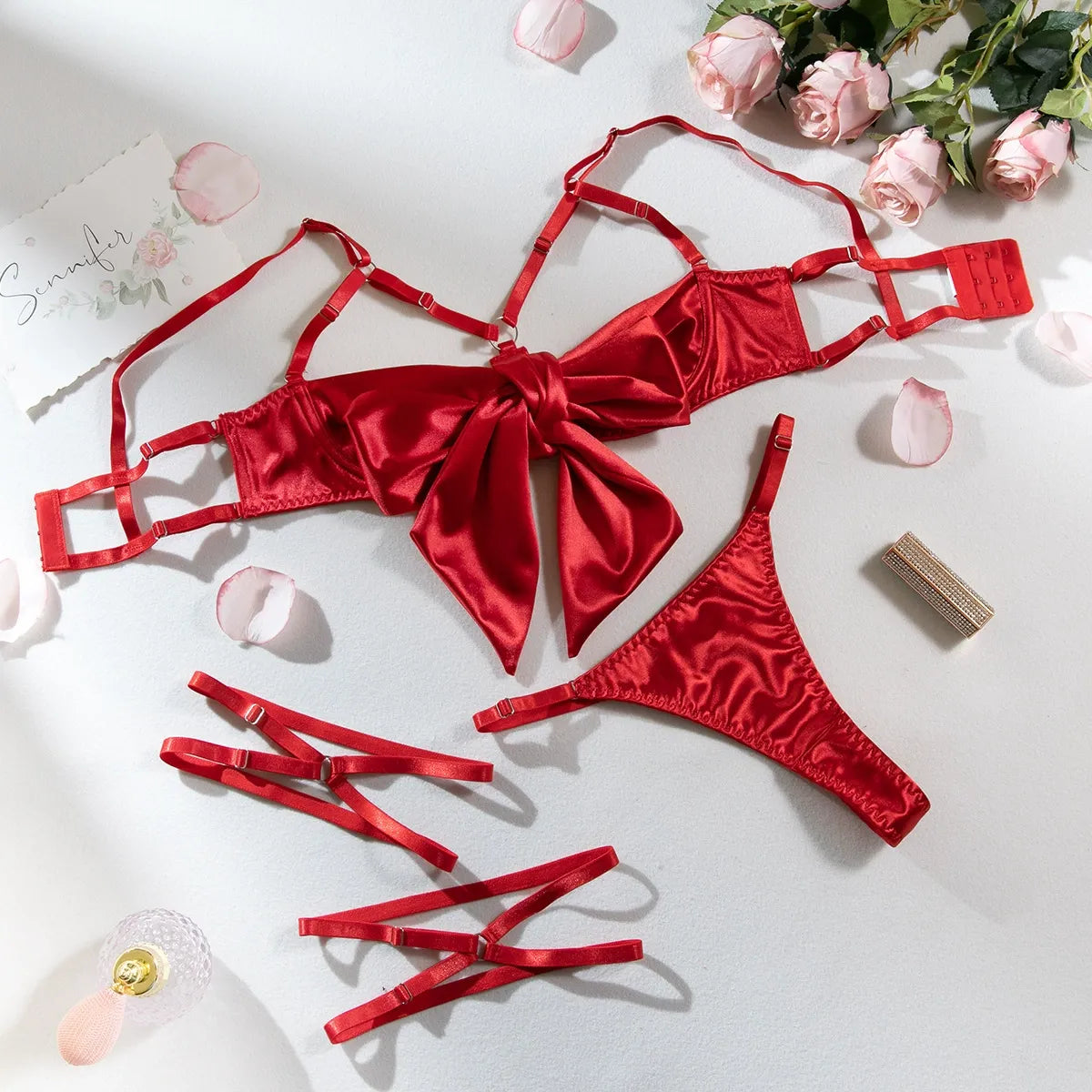 Zaavix™ – Satin Ribbon Leg Ring Three-Piece Lingerie Set