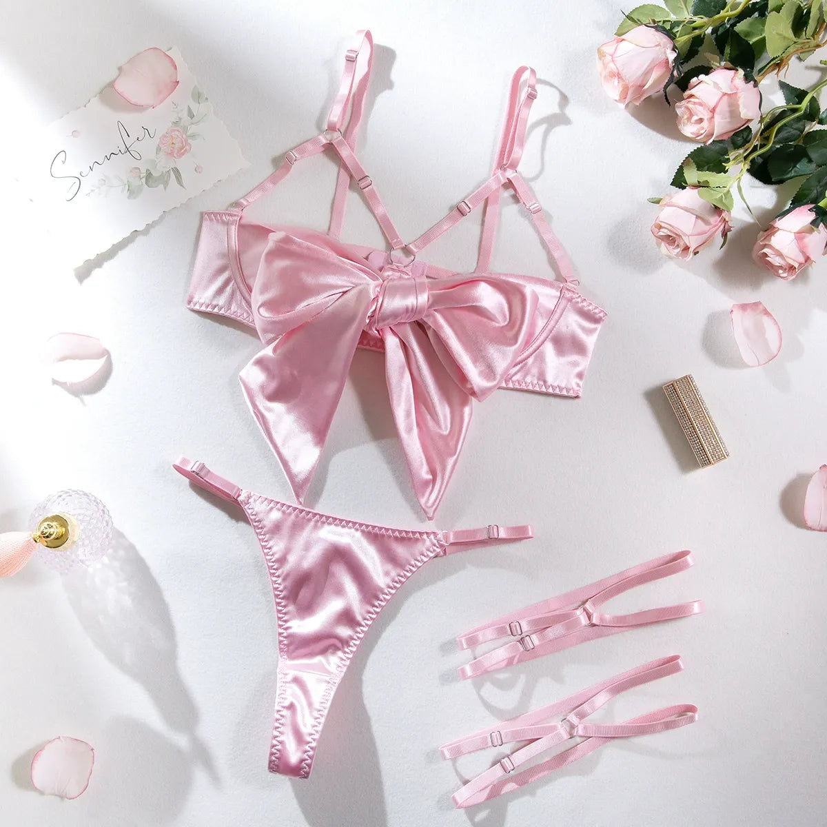 Zaavix™ – Satin Ribbon Leg Ring Three-Piece Lingerie Set