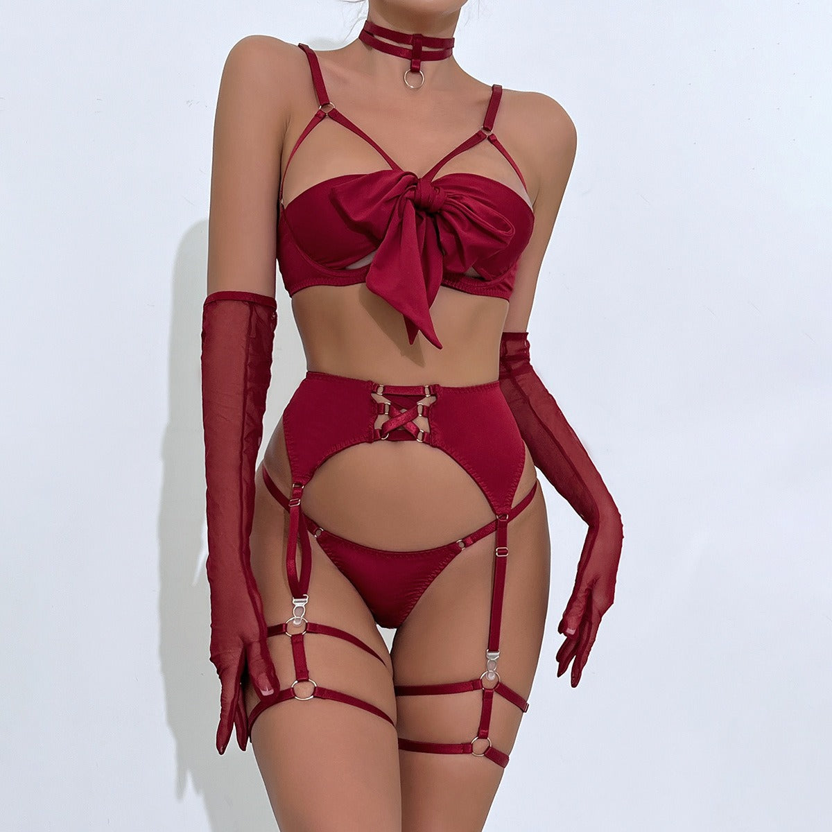 Zaavix™ – Satin Garter Hollow Gather Four-Piece Lingerie Set