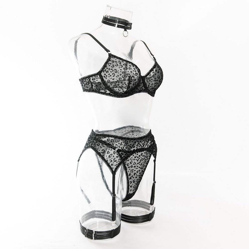 Zaavix™ – Flocked Leopard Mesh Suspender Lingerie Set