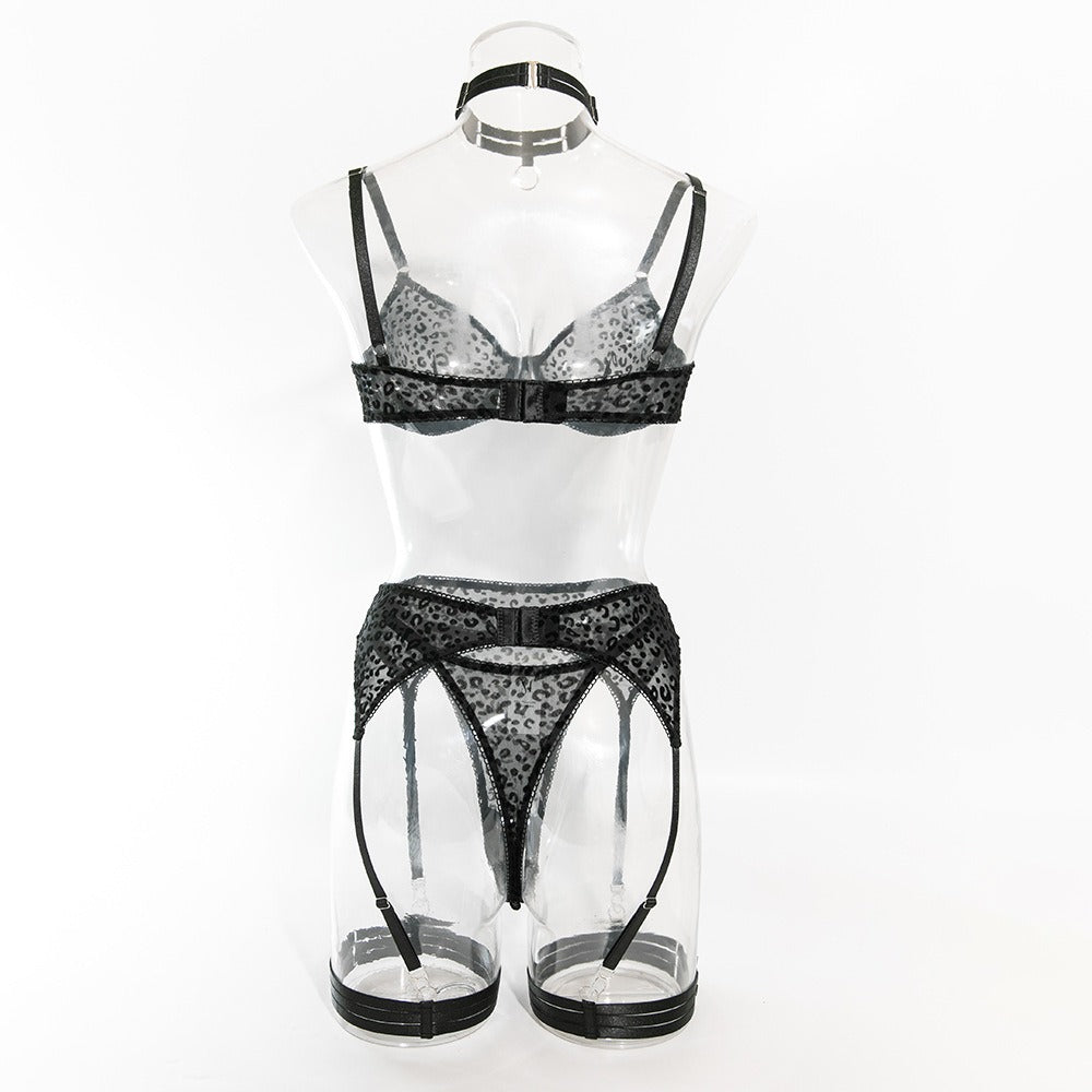 Zaavix™ – Flocked Leopard Mesh Suspender Lingerie Set