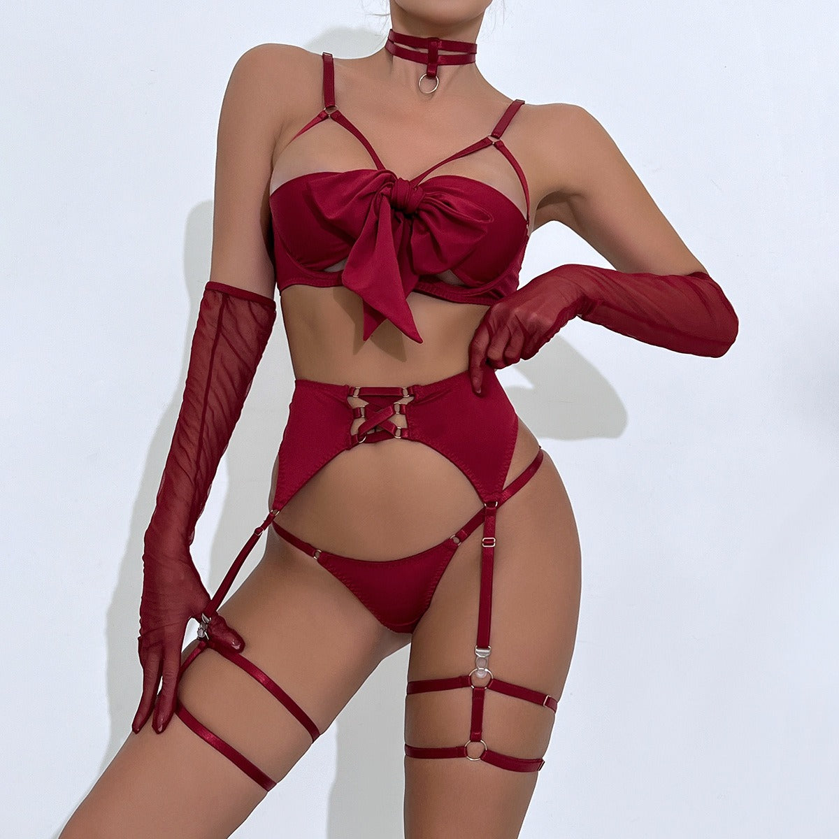 Zaavix™ – Satin Garter Hollow Gather Four-Piece Lingerie Set