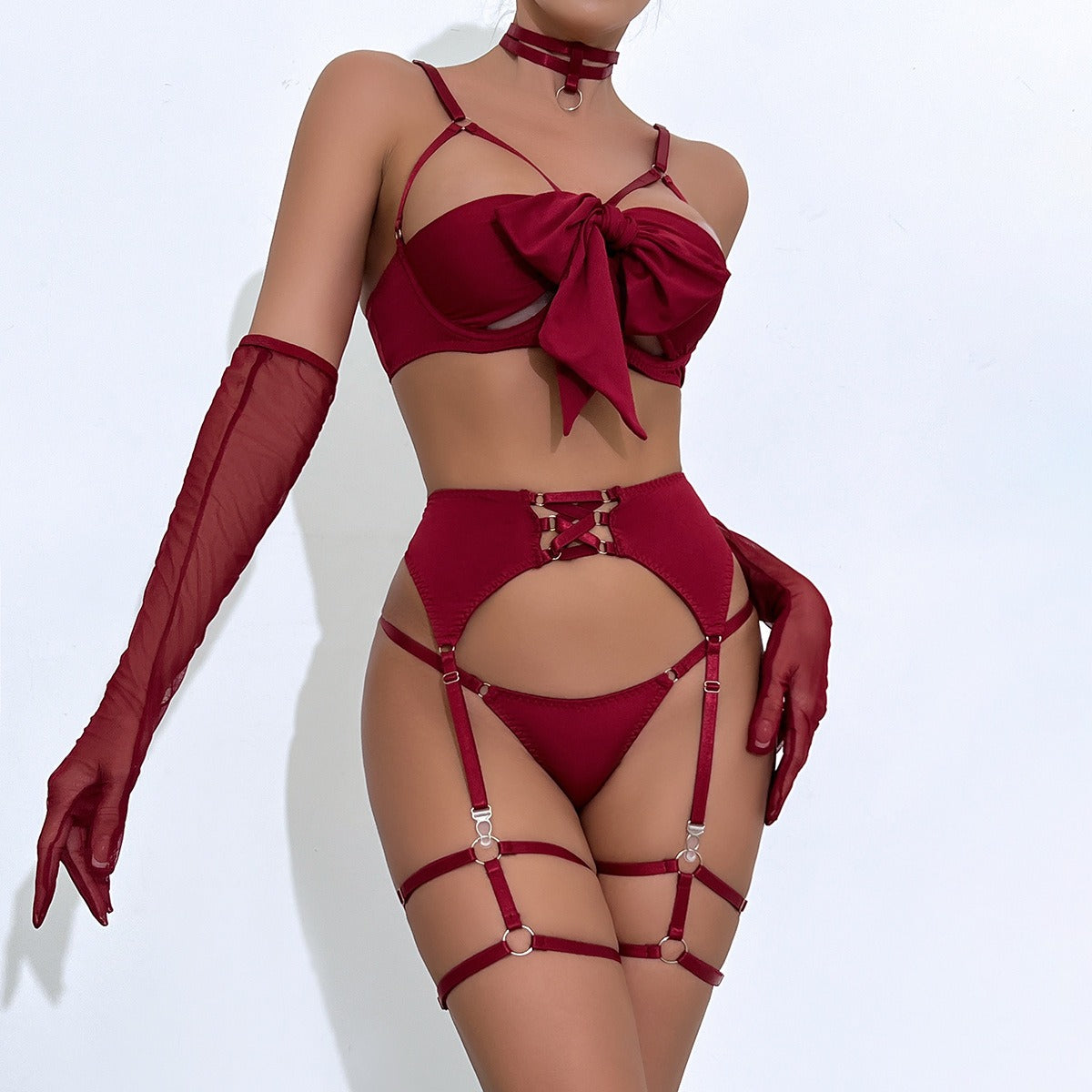 Zaavix™ – Satin Garter Hollow Gather Four-Piece Lingerie Set