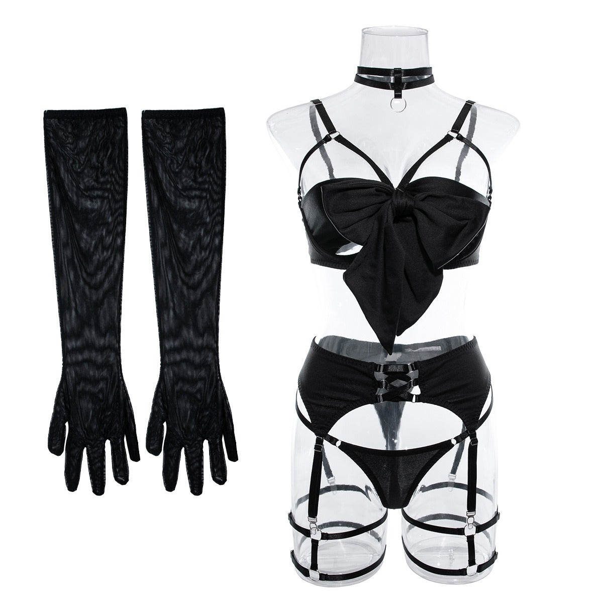 Zaavix™ – Satin Garter Hollow Gather Four-Piece Lingerie Set