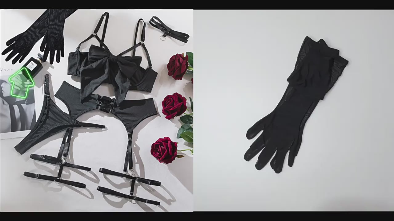 Zaavix™ – Satin Garter Hollow Gather Four-Piece Lingerie Set